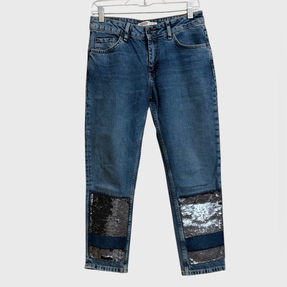 Nwot Zara Basic Denim Sequin Patchwork Jeans Wome… - image 2